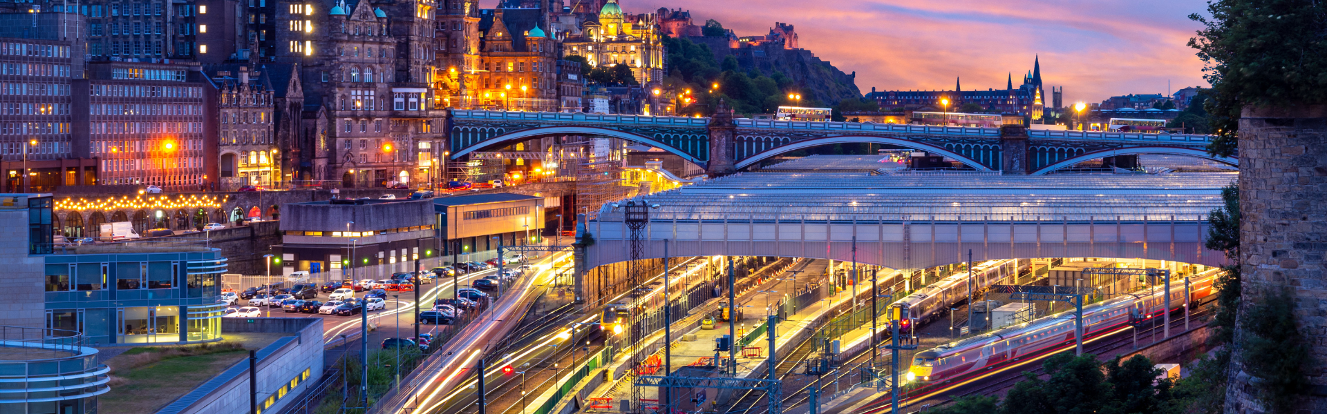 View of train station at dusk.